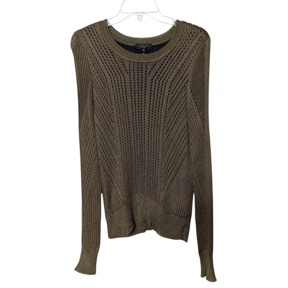 Rag & Bone Olive Green Slinky Pointelle Open Knit Lined Sweater Womens Size M - Picture 9 of 10